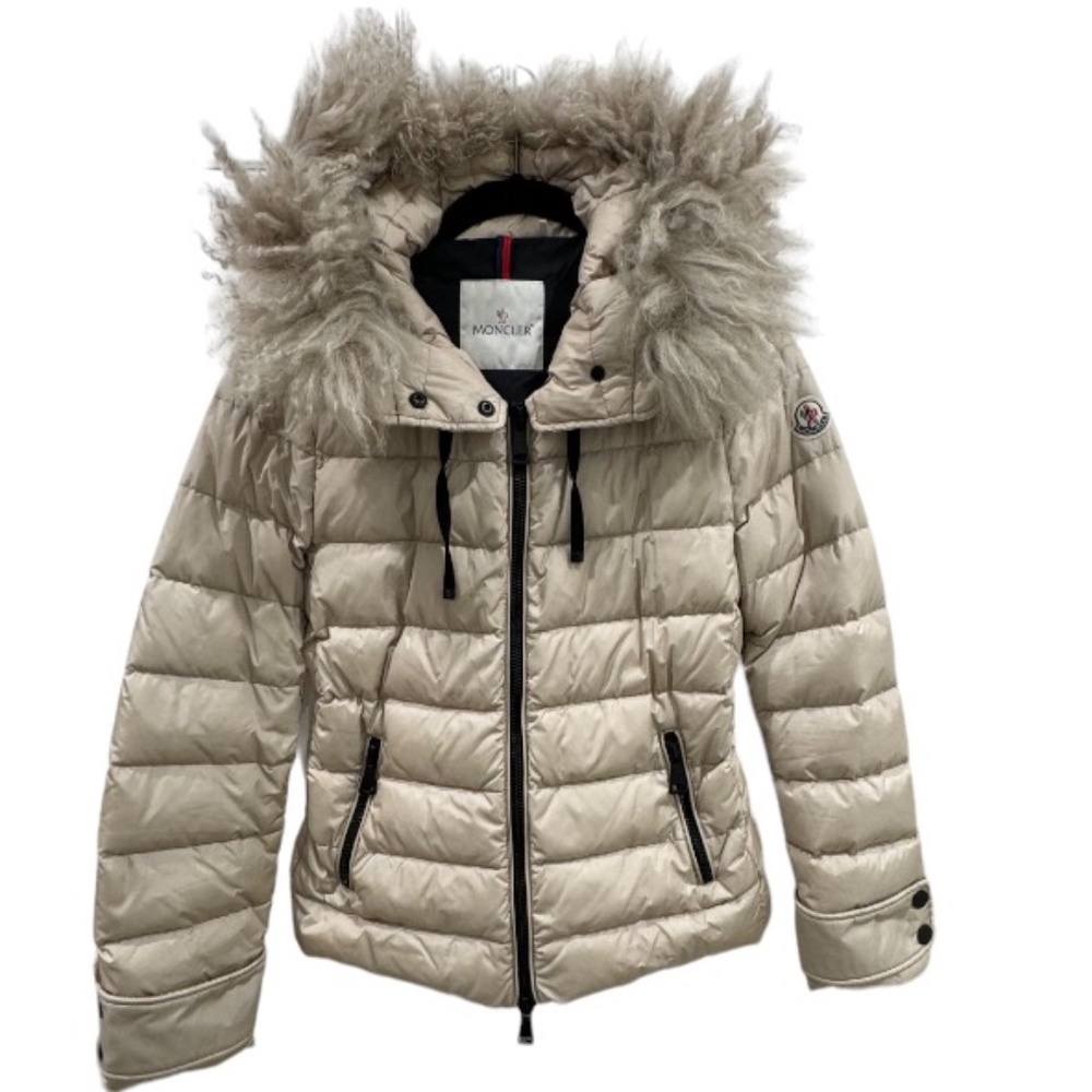 Moncler Ivory Puffer Jacket with Lamb Fur Hood